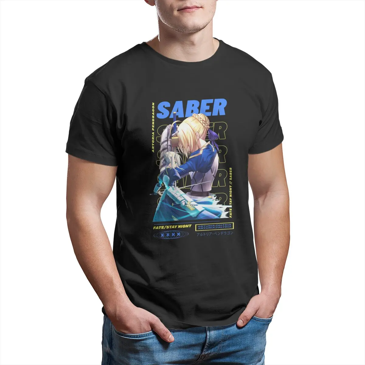 Saber Fate Stay Anime Graphics T Shirts  Pure Cotton printed  Clothes Summer T-Shirt