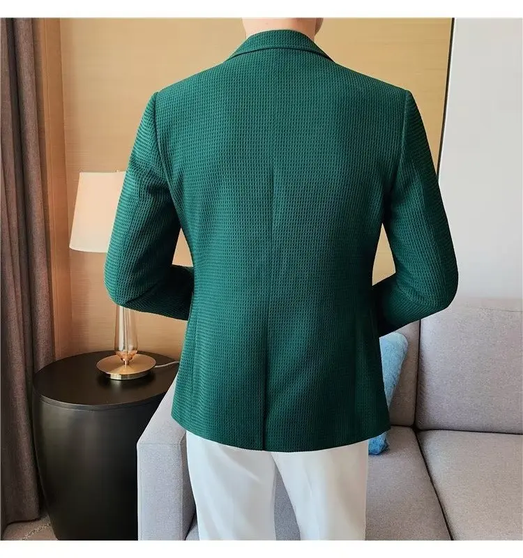 Waffle Suit Jacket Men Blazer Mature Style Casual Korean Fashion Comfort Suit Jacket Solid Color Business Fashion Coat Top