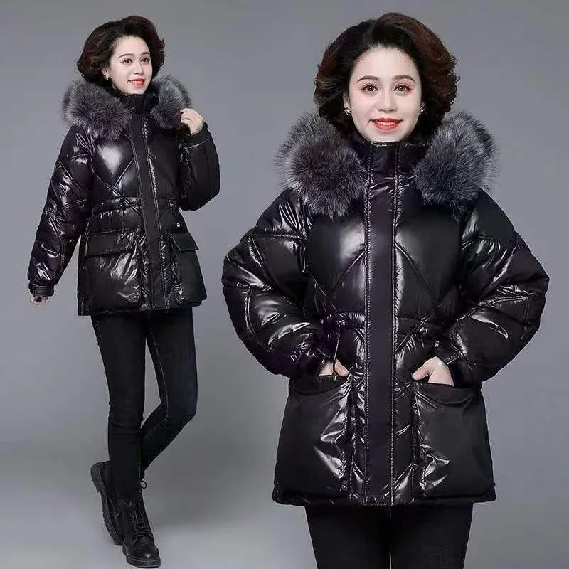 Middle-aged Elderly Women's Cotton-padded Coat With Big Fur Collar Down Cotton-padded Coat Short  Winter Coat Thickened Warm Top