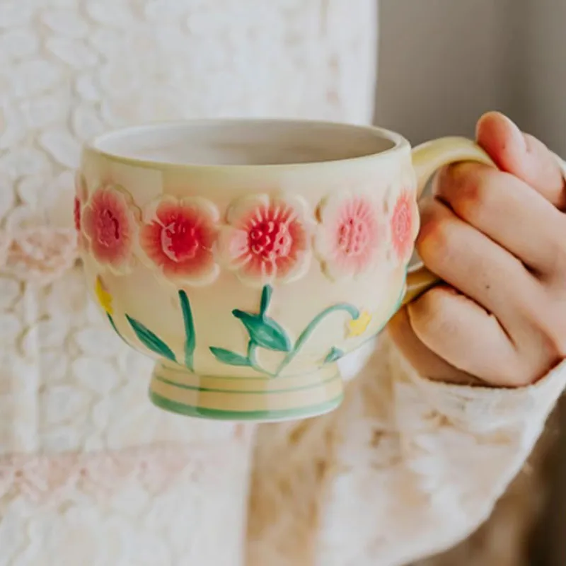 

Retro Personality Noble Flower Brocade Three-dimensional Relief Cup Black Tea Milk Breakfast Cup Coffee Mug High Appearance Leve