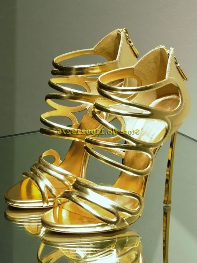 

Gold Strappy Stiletto Heel Sandals Back Zipper Open Toe Metal Blade Heel Solid Metallic Fashion 2024 Summer Sandals