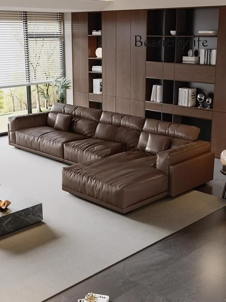 

A44 Italian minimalist leather adjustment backrest size apartment obsidian light luxury concubine sofa living room corner sofa