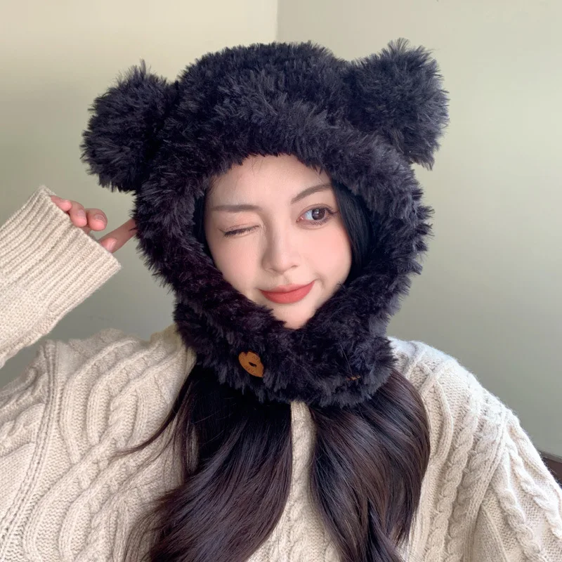 Plush bear ear hat woman winter thick cold lovely windproof neck protector scarf neck integrated hat