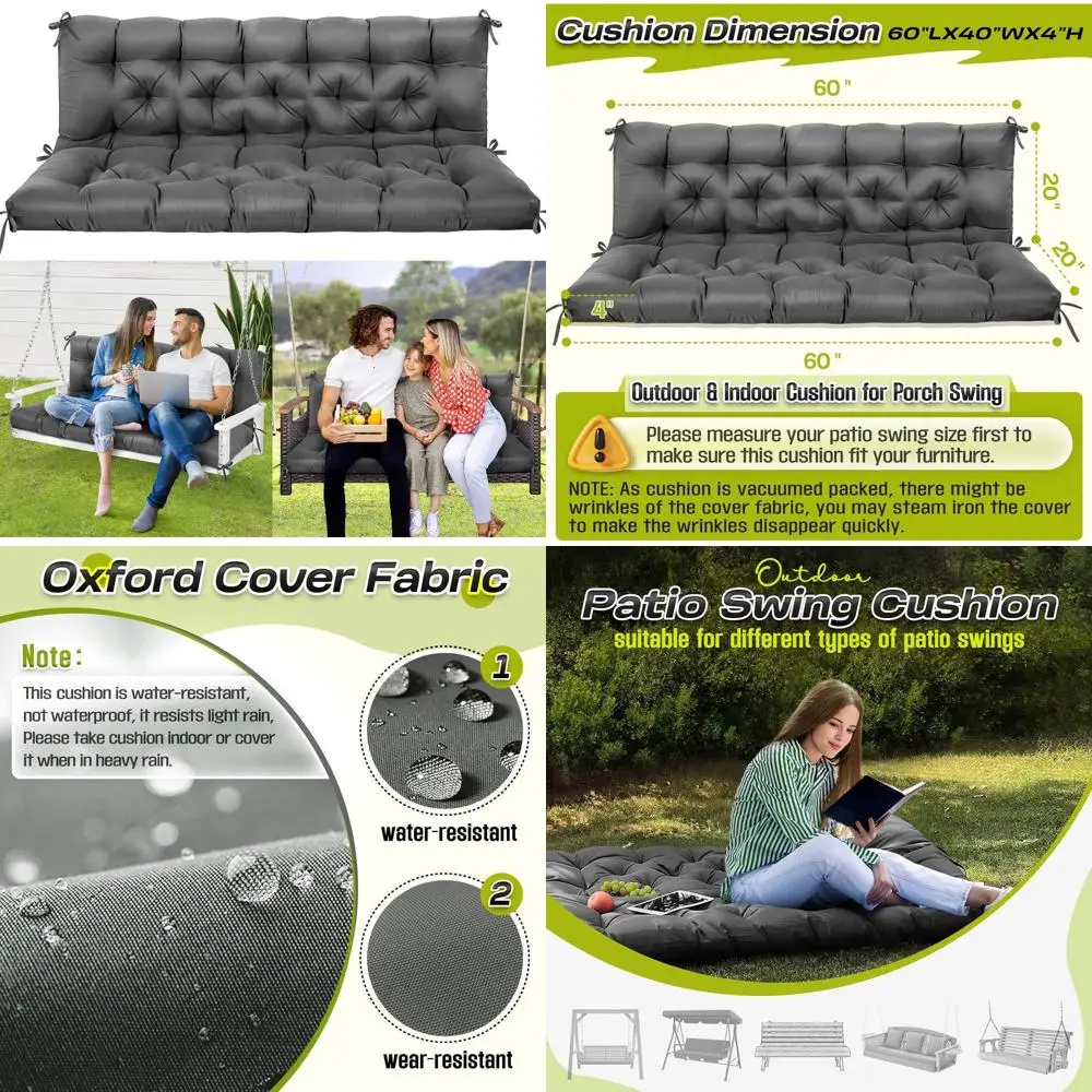

3-Seat Patio Swing Memory Foam Cushion, Water-Resistant, 60x40 Inches, Grey