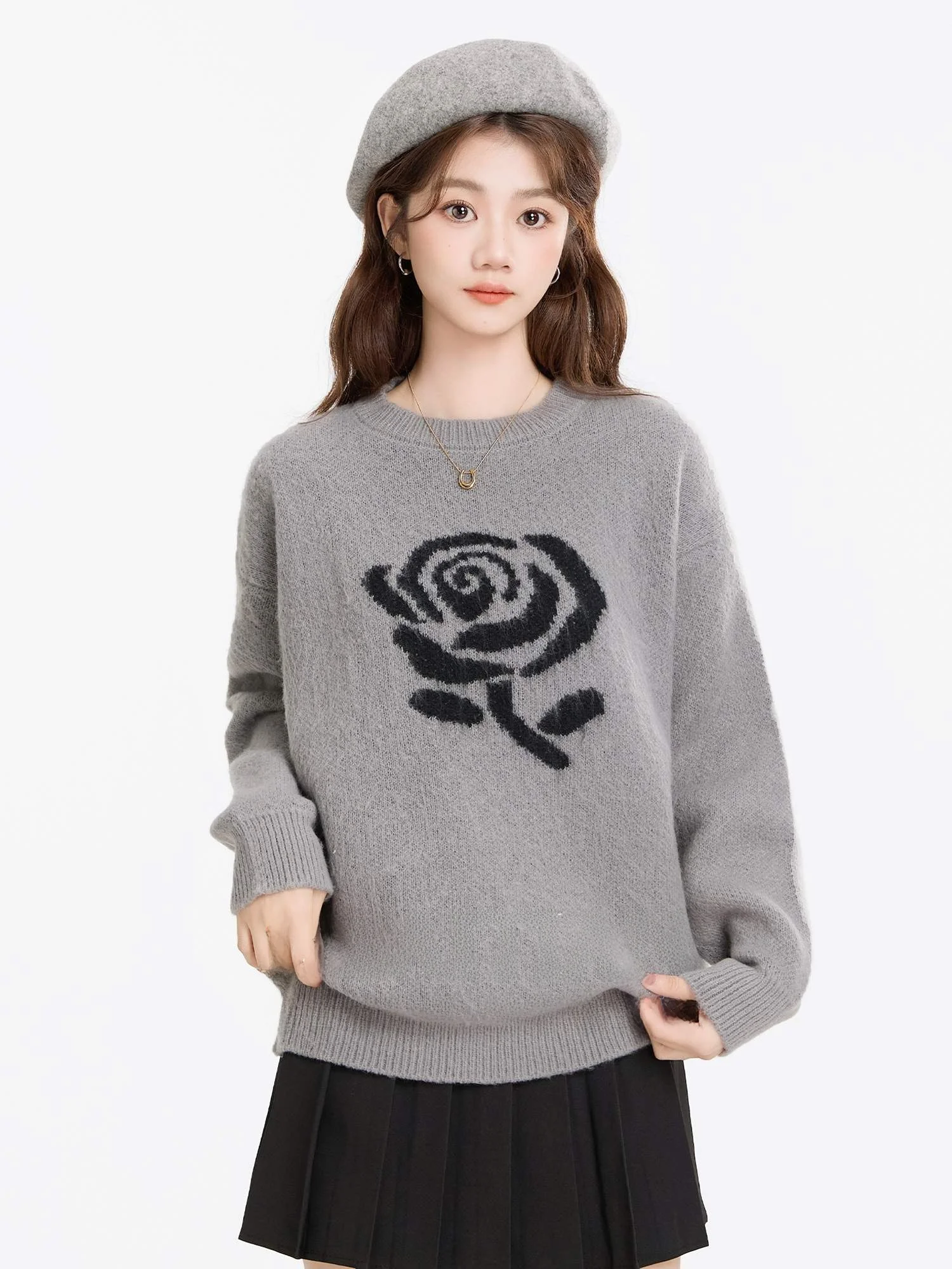 Retro Rose Embroidery round Ne Loose Women's Knitted Sweater Casual Outerwear Spring Autumn Winter Comfortable Fit Knitwear