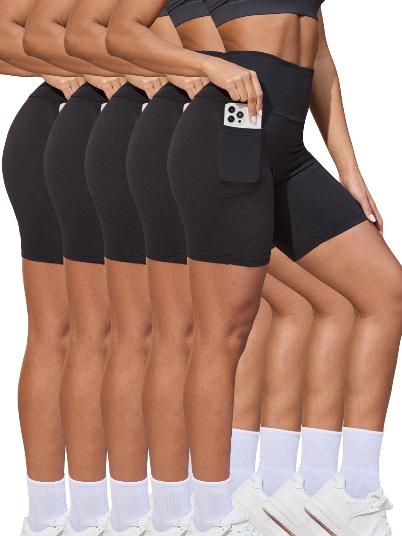 

5 Pack High Waisted Biker For Women With Pockets Tummy Control No See Through Workout Running Yoga Push Up Gym Fitness Shorts