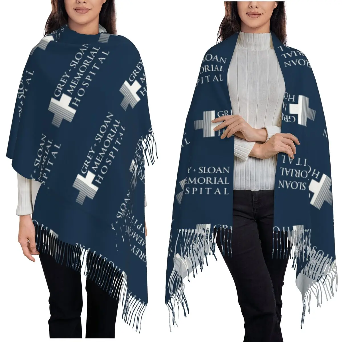 Grey + Sloan Memorial Hospital Logo White Print Scarf Tassel Scarves for Women Soft Warm Shawls and Large Fall Winter Shawl Wrap