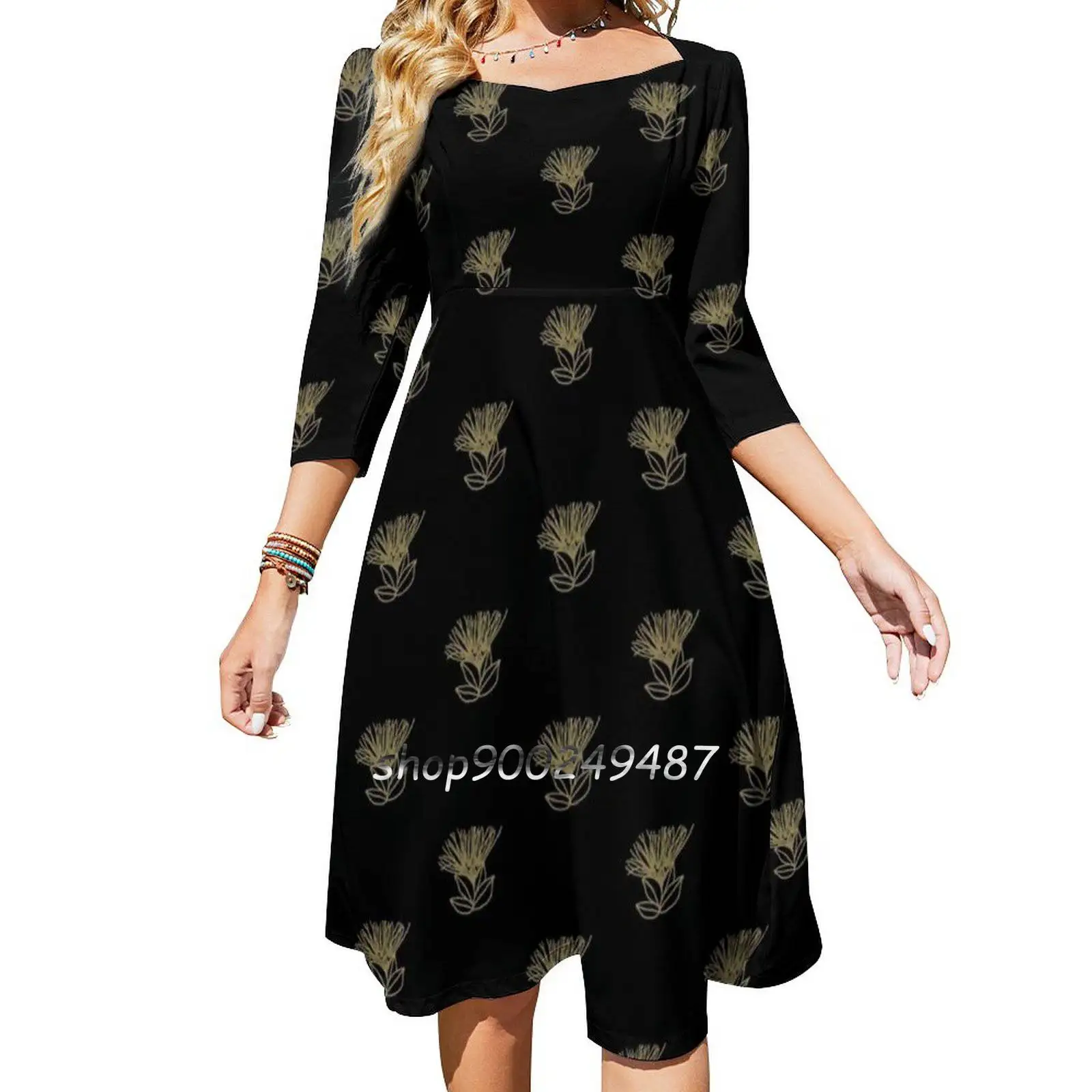 Ohia Lehua Outline In Gold Sweet Elegant Dress Women Korean Kawaii Square Collar Dress Ohia Lehua Gold Hand Drawn Illustrated