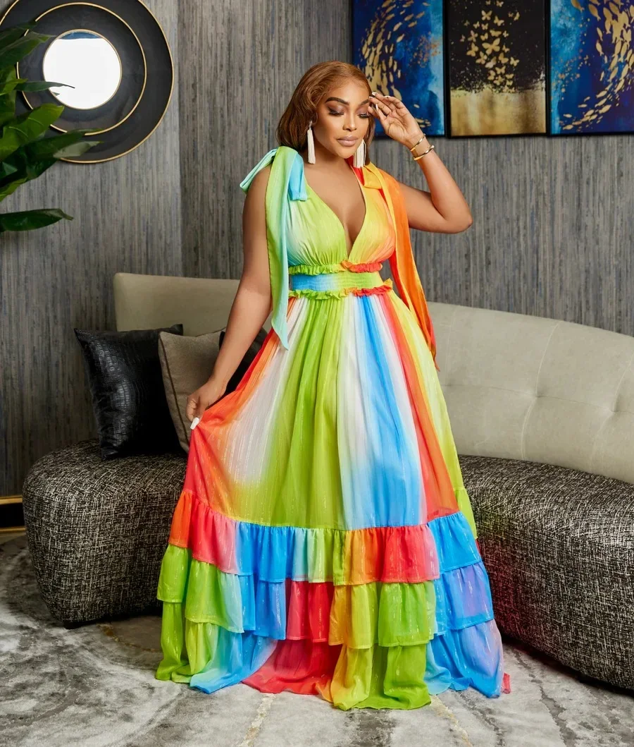 

2024 African Party Evening Dresses for Women Summer Africa V-neck Sleeveless Long Dress Maxi Dress Dashiki African Dresses Women