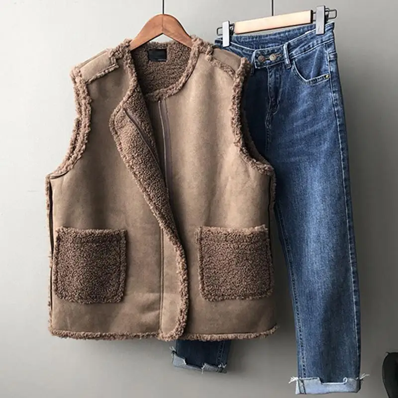 Women Shearling Vest Coats Reversible Suede Jacket Solid O Neck Zippper Pocket Loose Thick Casual Office Lady 2025 Autumn Winter