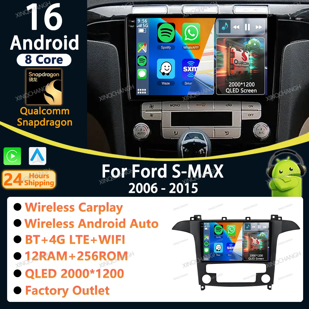 Rádio Automotivo Android 16 com Carplay Auto para Ford S-MAX S MAX 1 2006 - 2015, Kit de Painel para Instalação no Painel, Reprodutor de Áudio e Vídeo.