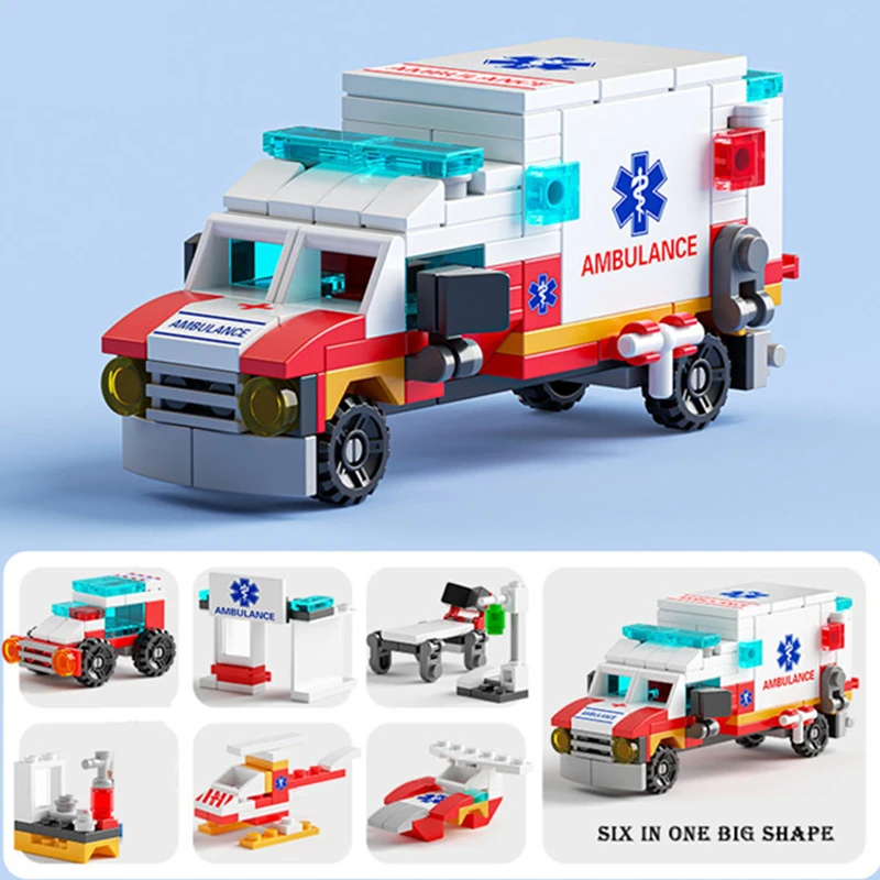 6in1 City Ambulance Helicopter Building Blocks Set, Emergency Rescue Vehicle Toy for Kids