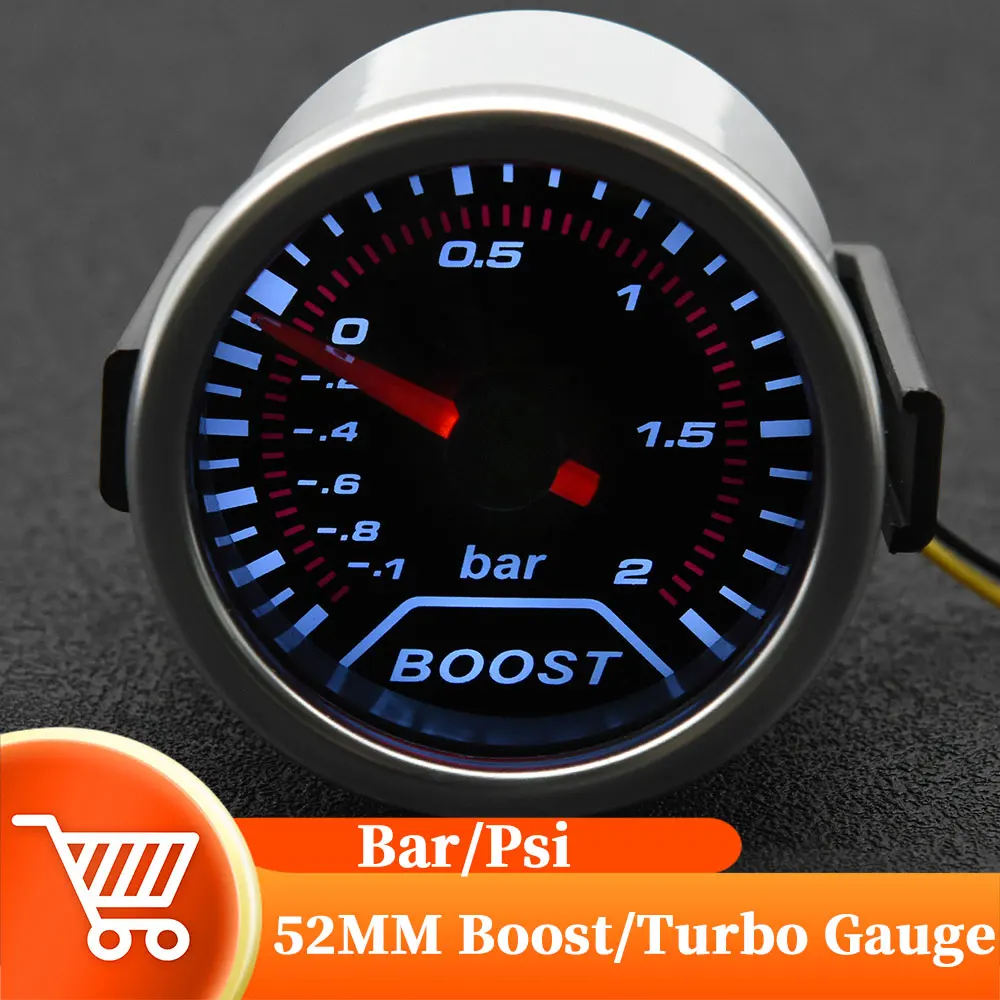 

52mm Smoke Lens Turbo Pressure Gauge White Backight Car Boost Meter -1~0~2 BAR Universal Turbo Gauge For Car 12V