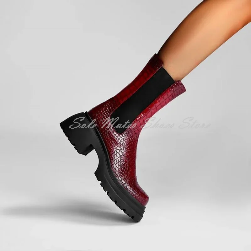Vintage Burgundy Crocodile Pattern Women's Boots Round Toe Thick Sole Slip On Mid Calf Boots British Style Modern Boots Spring