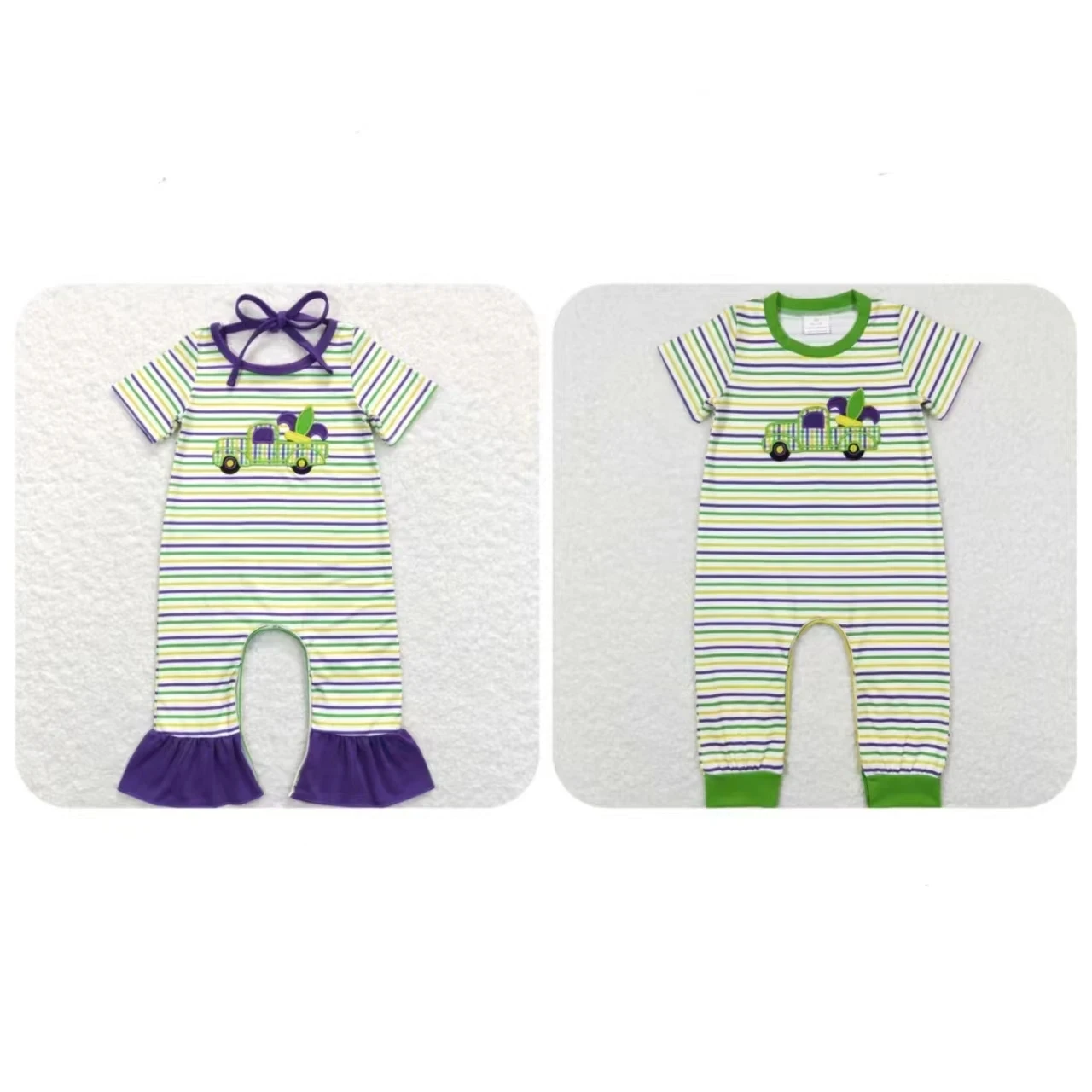 

Wholesale Baby Boy Girl Mardi Gras Bodysuit Short Sleeves Romper Kids Toddler Embroidery Truck Stripes Newborn Coverall Jumpsuit