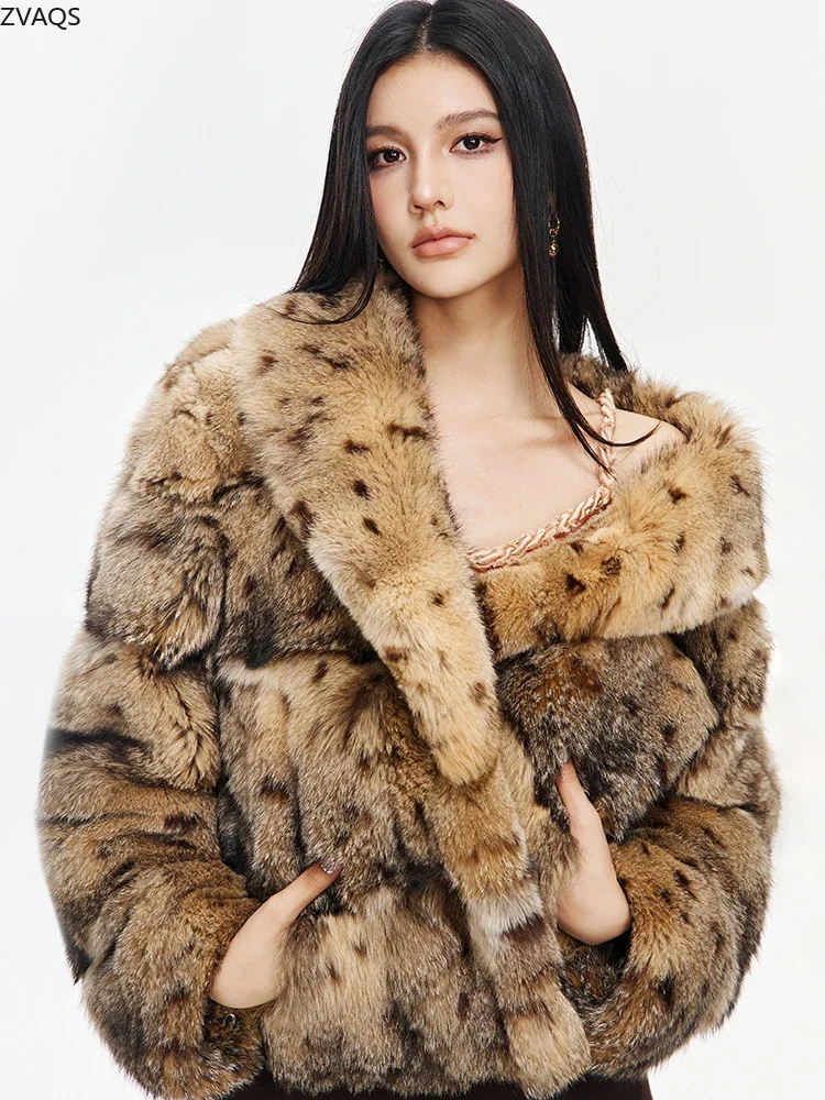 ZVAQS Natural Fox Fur Coat Women Luxury Leopard Print Fur Jacket Old Money Style Outerwears Ladies Winter Clothes 2024 Fourrure