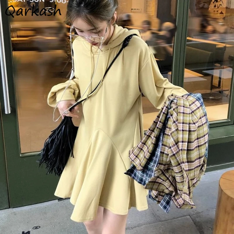 Long Sleeve Hooded Dress Women A-line Loose Fit Mini Vestidos Autumn Streetwear Korean Style Casual Sweet All-match Students