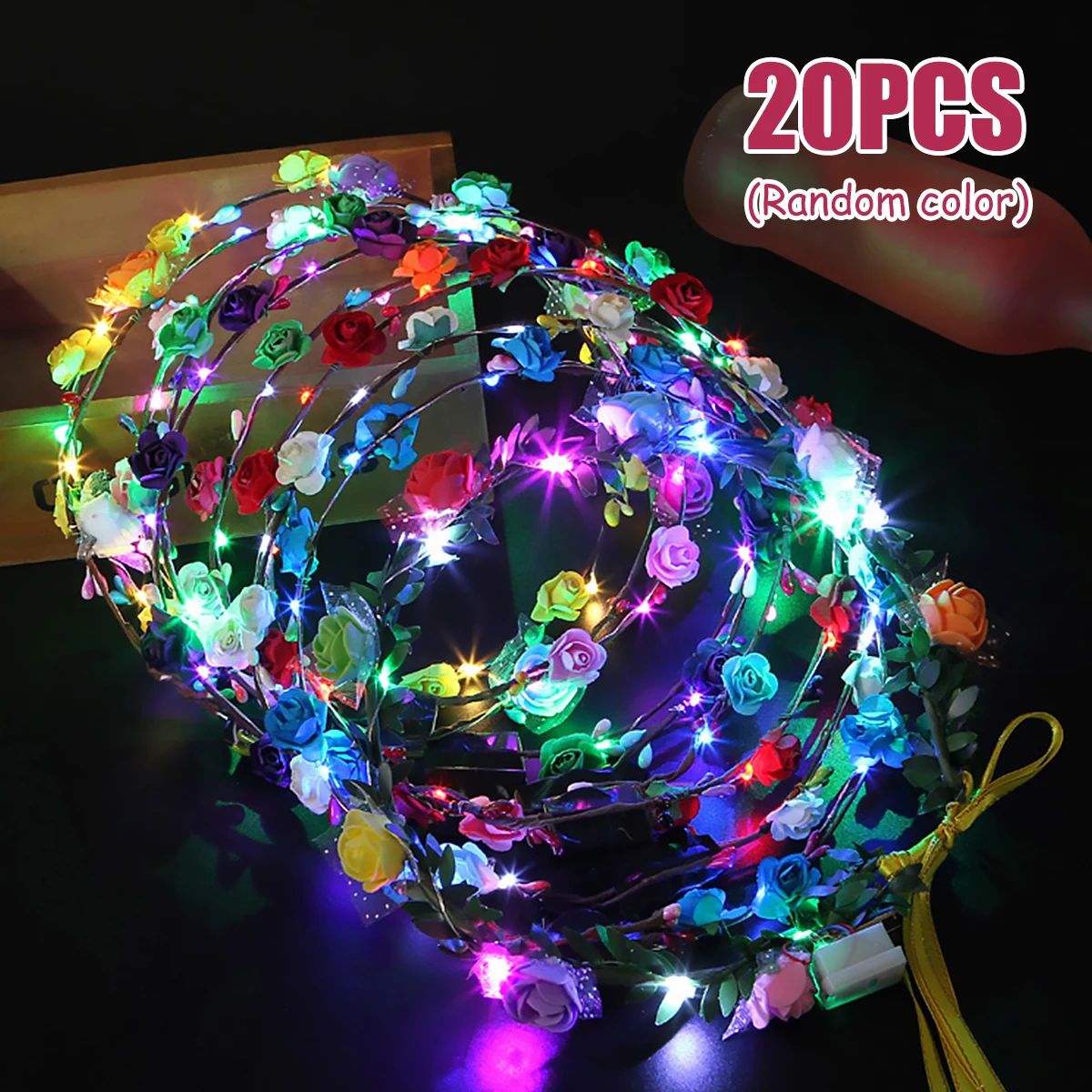 

20Pcs LED Rose Flower Crowns Multicolor Light Up Flower Hair Garland Glowing Floral Fairy Headband for Wedding Party Stage Props