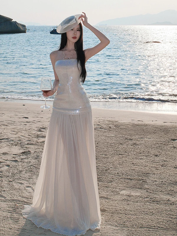 

Beach Vacation Style Long Dress High-End Sensation Evening Gown Floor-Length Tulle Skirt Strapless Sequin Sleeveless Women's ...
