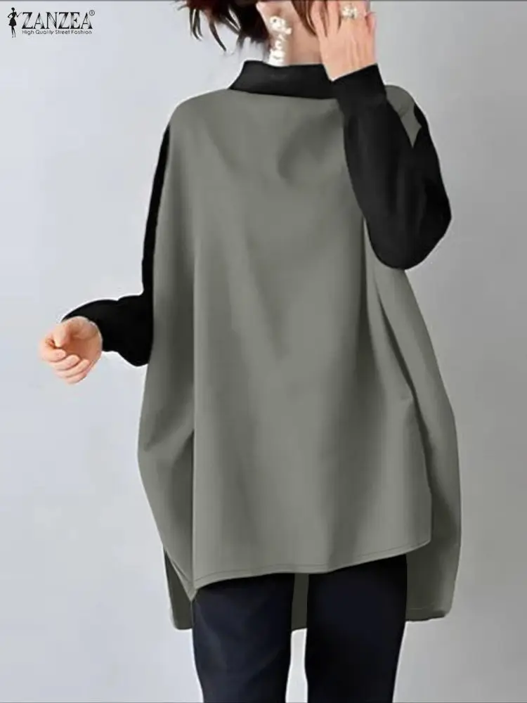Frauen Herbst Patchwork Bluse ZANZEA Stilvolle Casual Langarm Tops Weibliche Kontrast Farbe Lange Hemd Oversize Pullover 2025