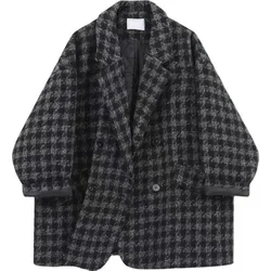 Autumn/Winter  Suit Collar Small Fragrance Style Women's Woolen Coat Women's Loose Slim Medium Length Plaid Thickened Woolen Coa