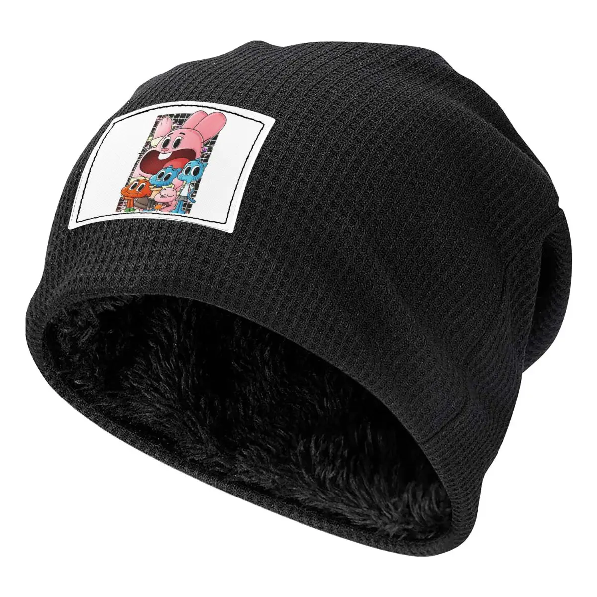 The Amazing World Of Gumball Waffle Knit Fleece Lined Beanie with PU Leather Patch Unisex Warm Winter Soft Cap