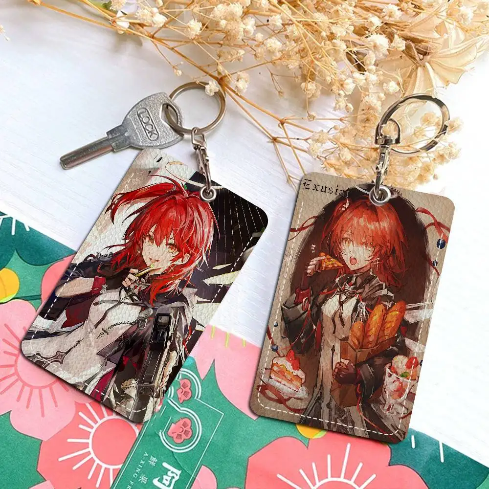 Arknights Popular Exusiai Cute Rectangle ID Card Case Keychain Access Card Bag Key Tag Ring Leather Card Holder Key Ring Access