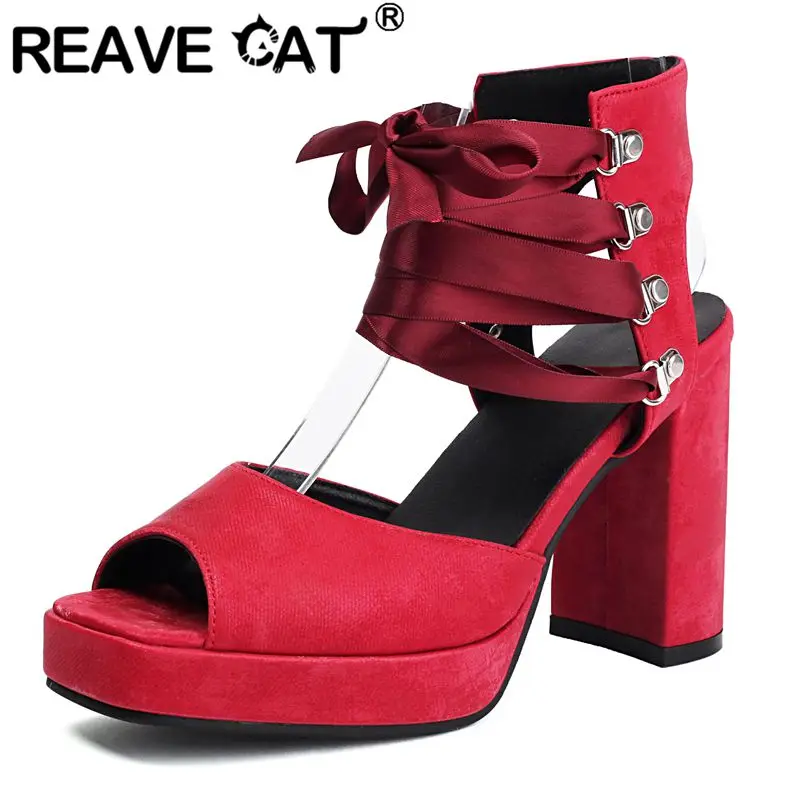 

REAVE CAT Корейские женские сандалии с квадратным носком на массивном каблуке 9,5 см на платформе 2 см на шнуровке, большой размер 45 46 47 Сексуальная модная обувь для вечеринок