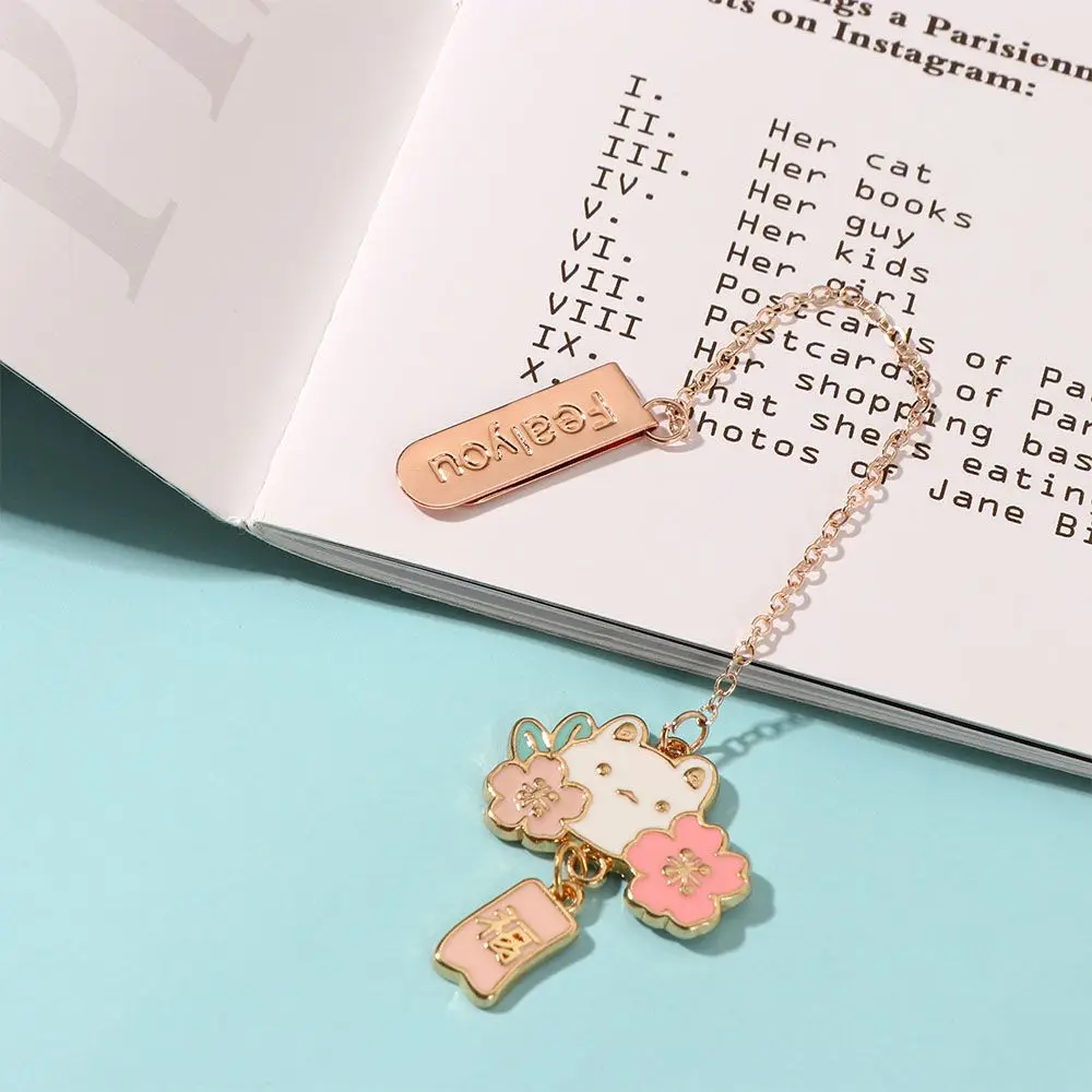School Supply Alloy Chain Paper Clips Marker of Page Reading Book Clips Rabbit Metal Bookmark Romantic Sakura Pendant Bookmark