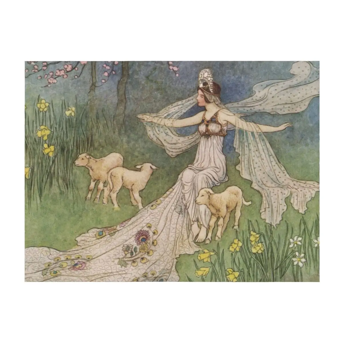 

Goddess of Springtime with lambs vintage illustration - Warwick Goble Throw Blanket Sofa Soft Big Flannel Fabric Blankets
