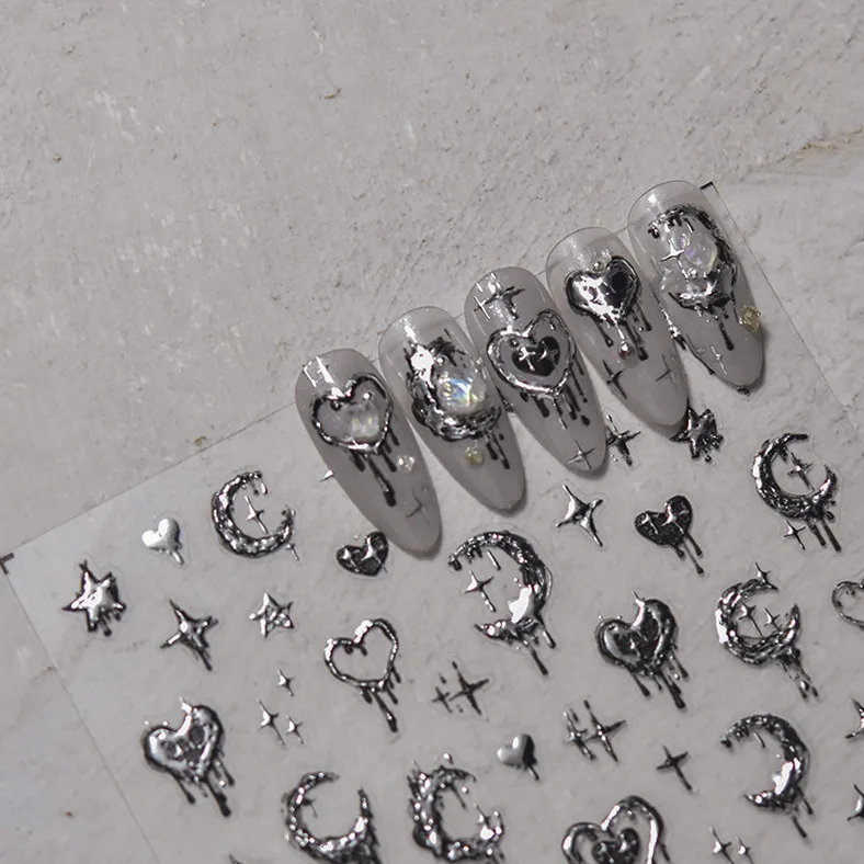 

1 Sheet Silver Heart Nail Stickers Press on Nails 6D Embossed Pattern Self-Adhesive Cute Kawaii Nail Art Decals for Manicure DIY