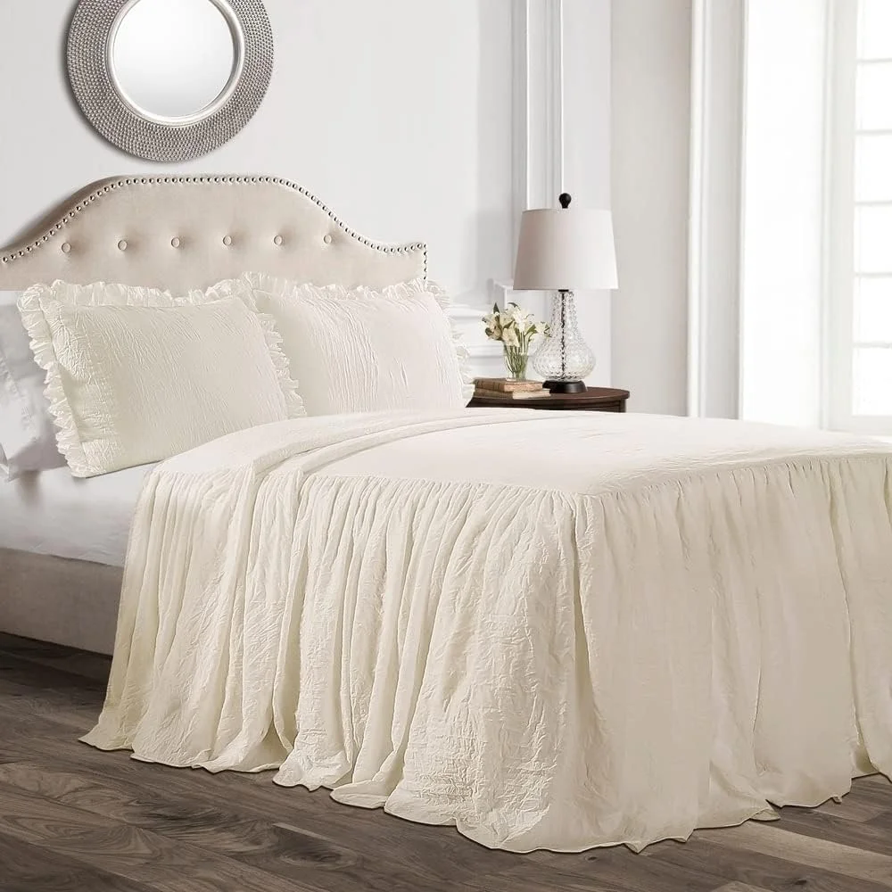 

Luxurious Ruffle Skirt Bedspread Set 3 Piece Elegant Soft Microfiber Bedding Cozy Farmhouse Style Timeless Design Easy Care