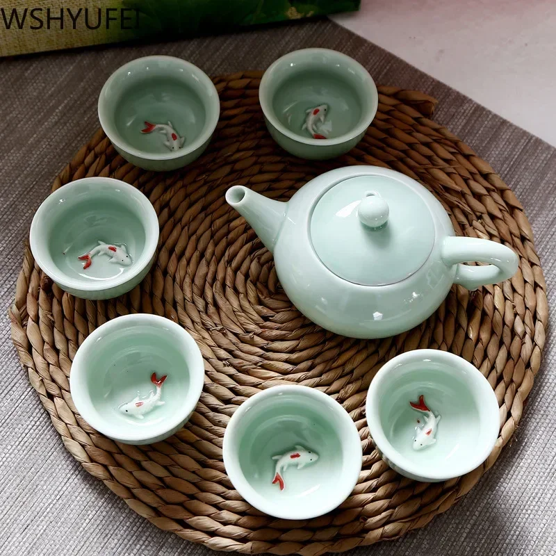 Longquan Celadon Fish Tea Set Ceramic Teapot Kettle Ceramic Tea Cup Fish Chinese Handmade Travel Tea Set Wine Set
