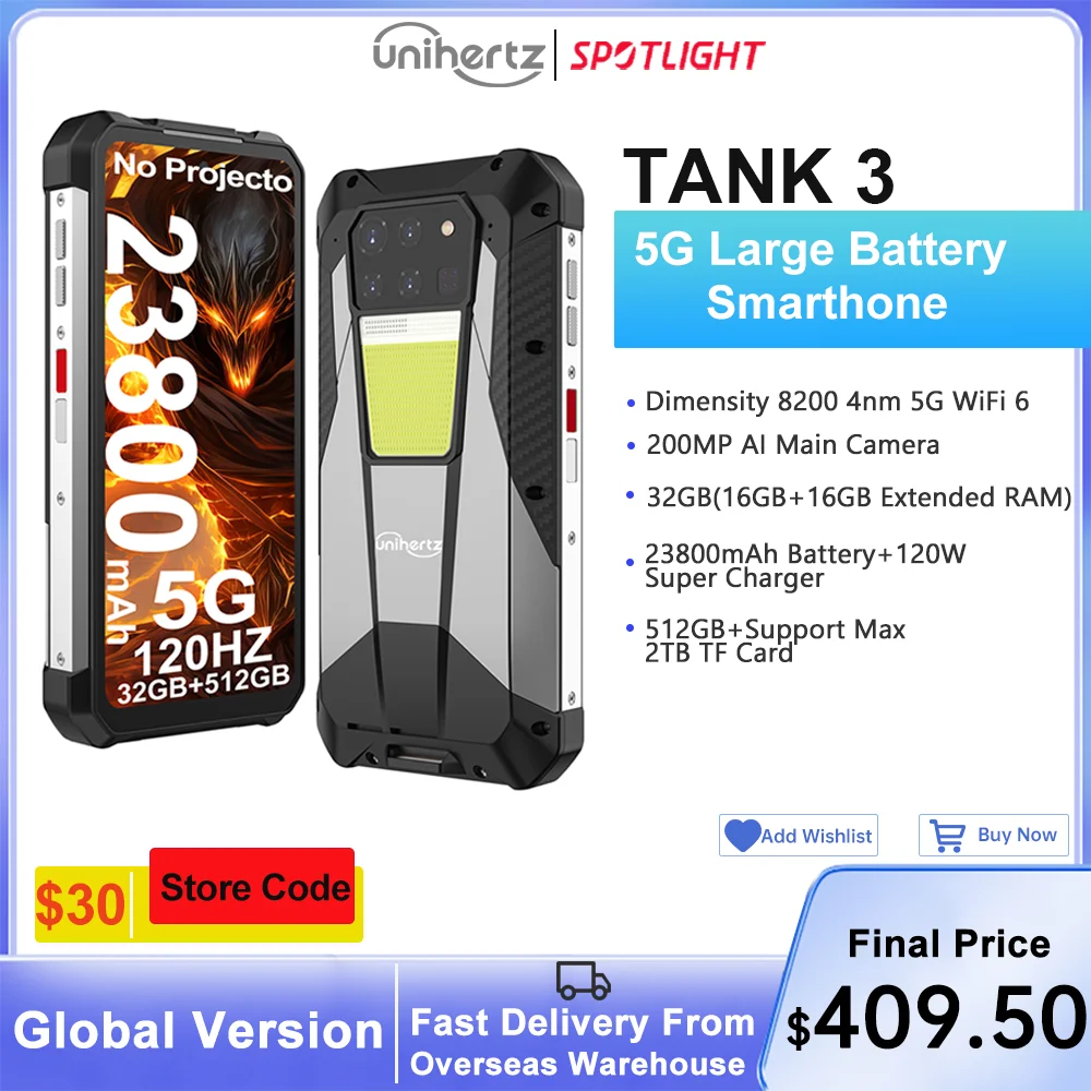 Unihertz Tank 3 by 8849 Rugged Smartphone 32GB 512GB 23800mAh 120W Charger Dimensity 8200 5G Cell Phone 200MP 120Hz Mobile Phone