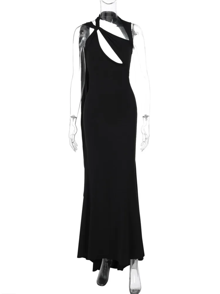 Mozision Hollow Out Sleeveless Sexy Maxi Dress For Women Black Solid Backless Bandage Bodycon Elegant Club Long Dress Fashion