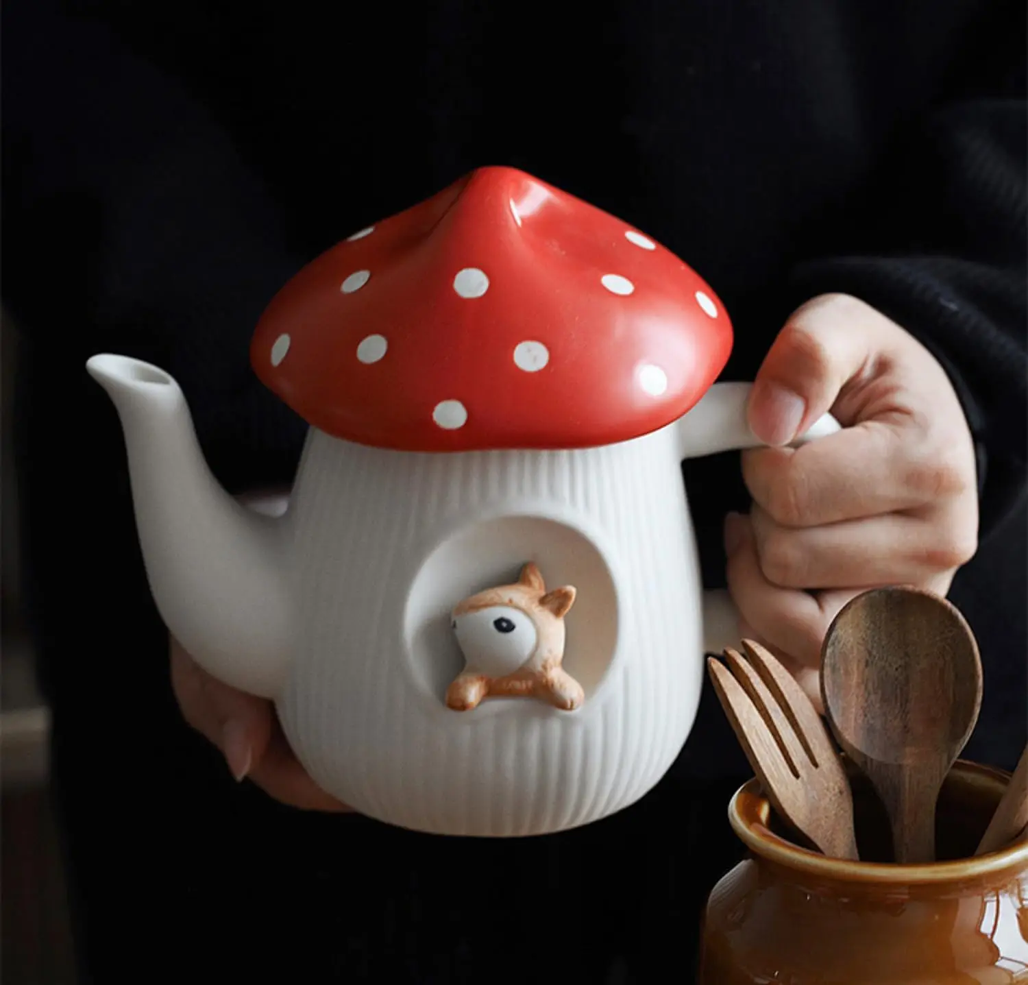 Cute Mushroom Mug with Saucer & Teapot,Handmade Glaze Polka Dot Lid, Safety Matt Ceramic Tea Pot,Best Gifts for Women & Girls - view 4