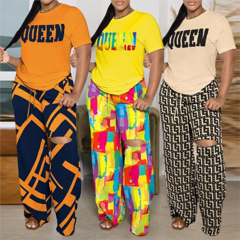 Two Pieces Sets Spring Summer New Casual Print Short Sleeve Wide Leg Pants Set Fashion Pants Loose T-shirt Set Women\'s Clothing