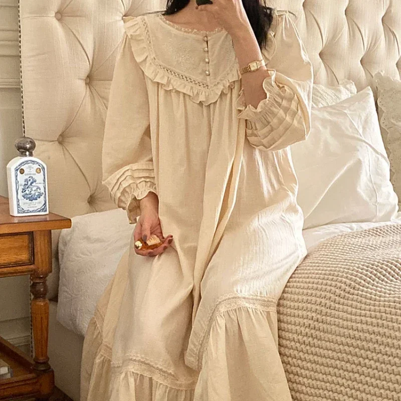 Victorian Romantic Pure Cotton Nightgowns Women Autumn Robe Nightie Long Night Dress Wear Princess Vintage Sleepwear Nightdress