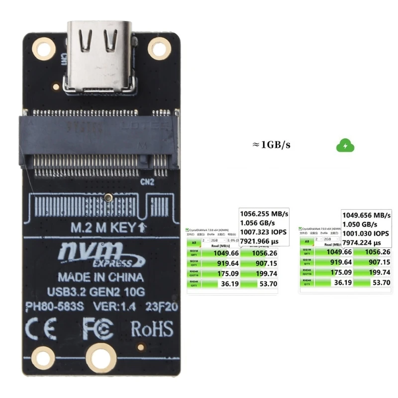 M2 to USB 3.1 Type-C Converter M2 NVME M-Key SSD Adapter Card 1000MB/-s Fast- Writing Reading Support M2 SSD 2230