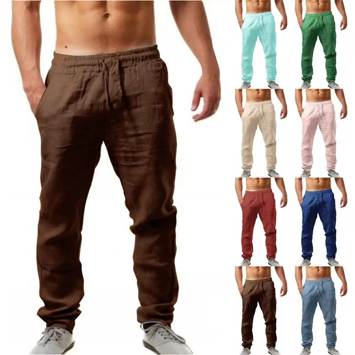 

Men's Cotton Linen Long Pants Summer Solid Color Breathable Linen Trousers Male Casual Elastic Waist Casual Pants Harajuku Trous