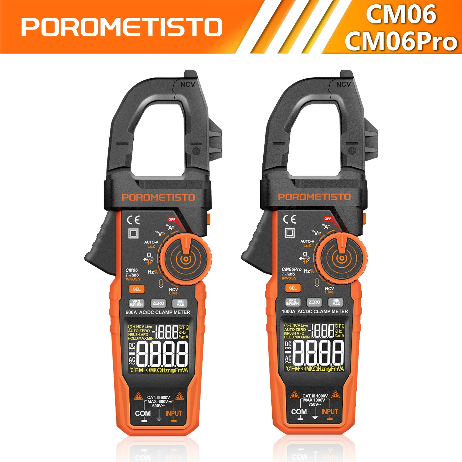 

POROMETISTO CM06/CM06Pro Digital Clamp Meter Multimeter AC/DC 600A/1000A Auto-ranging Ammeter Amp Hz Ohm Capacitance NCV Tester
