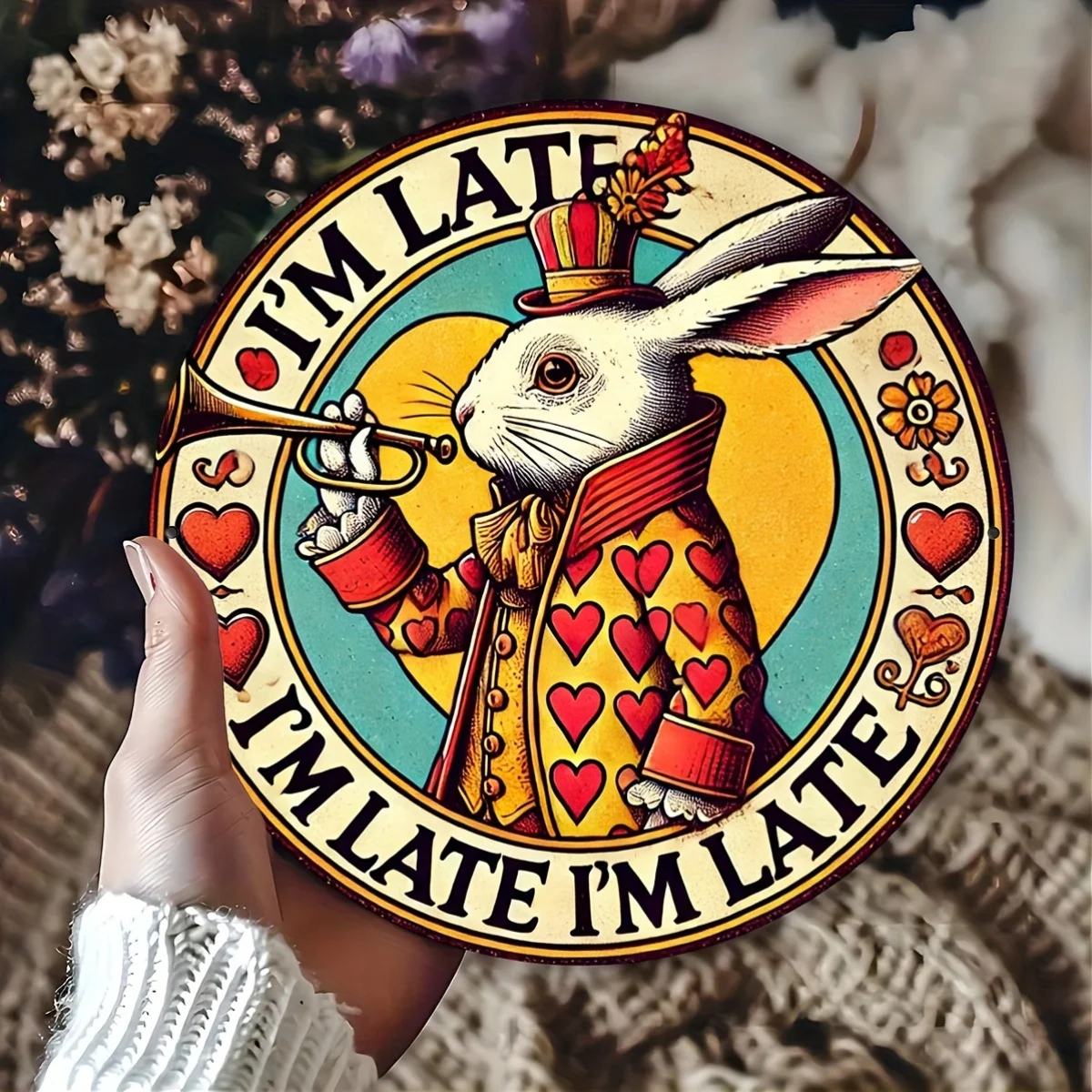 Retro White Rabbit I'm Late Round Metal Tin Plaque, Alice In Wonderland Fairytale Art Wall Sign, Cottage Bedroom Garden Whimsica