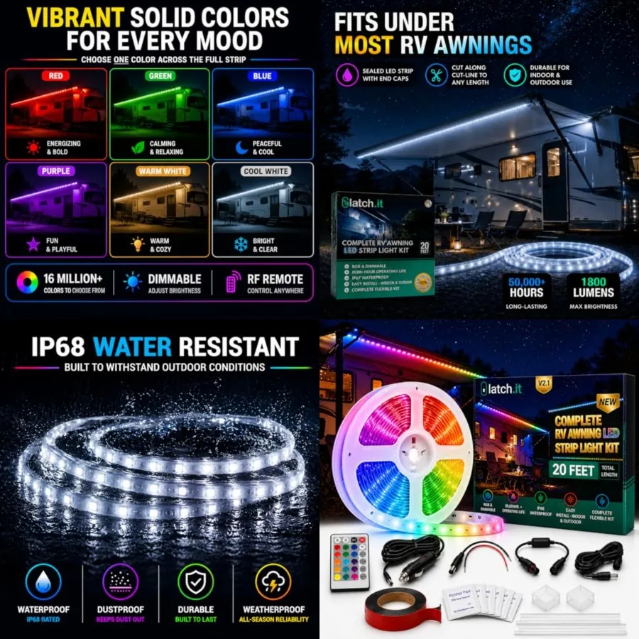 12V RV Awning Lights 20-Foot V2.1 RV Awning LED Light Strip DIY-Kit RGB RV LED Lights Exterior IP68 Water-Resistant The Origina