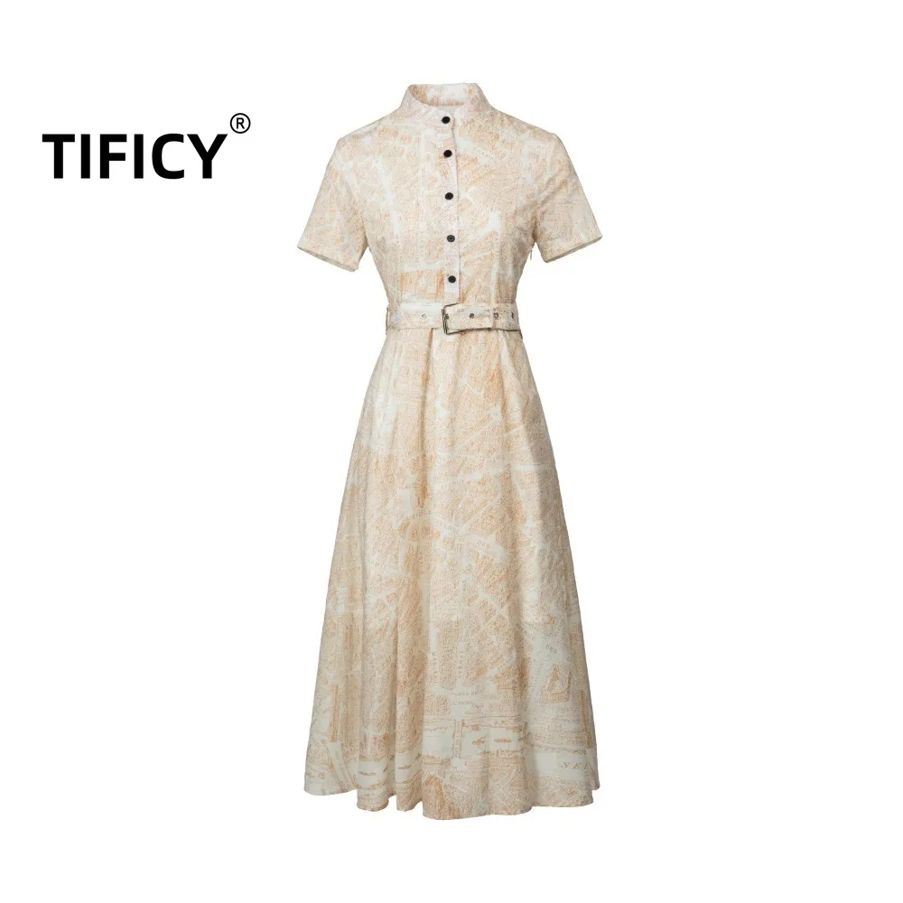 

High Street Party Dresses Summer Women's Stand Up Collar Spray Map Print Waist Cinching Slimming Retro Large Swing Dress