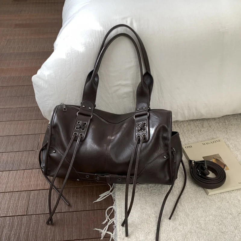 

Retro Large Capacity Shoulder Bag Tassel Belt Buckle Design Versatile Motorcycle Bag Luxury Soft High-quality Handbag For Women