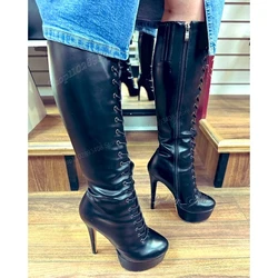 Black Cross Tied Platform Elastic Knee High Boots Matte Leather Stiletto High Heel Sexy Women Shoes 2024 New Zapatos Para Mujere