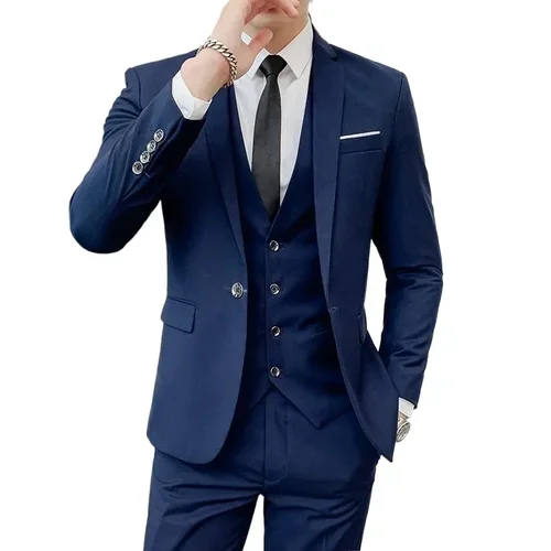 Imagen 2 del producto Traje nuevo (Blazer + chaleco + pantalones), moda para hombre, tendencia de negocios al aire libre, Color sólido, informal, ajustado, traje de caballero para presentador de boda 6XL