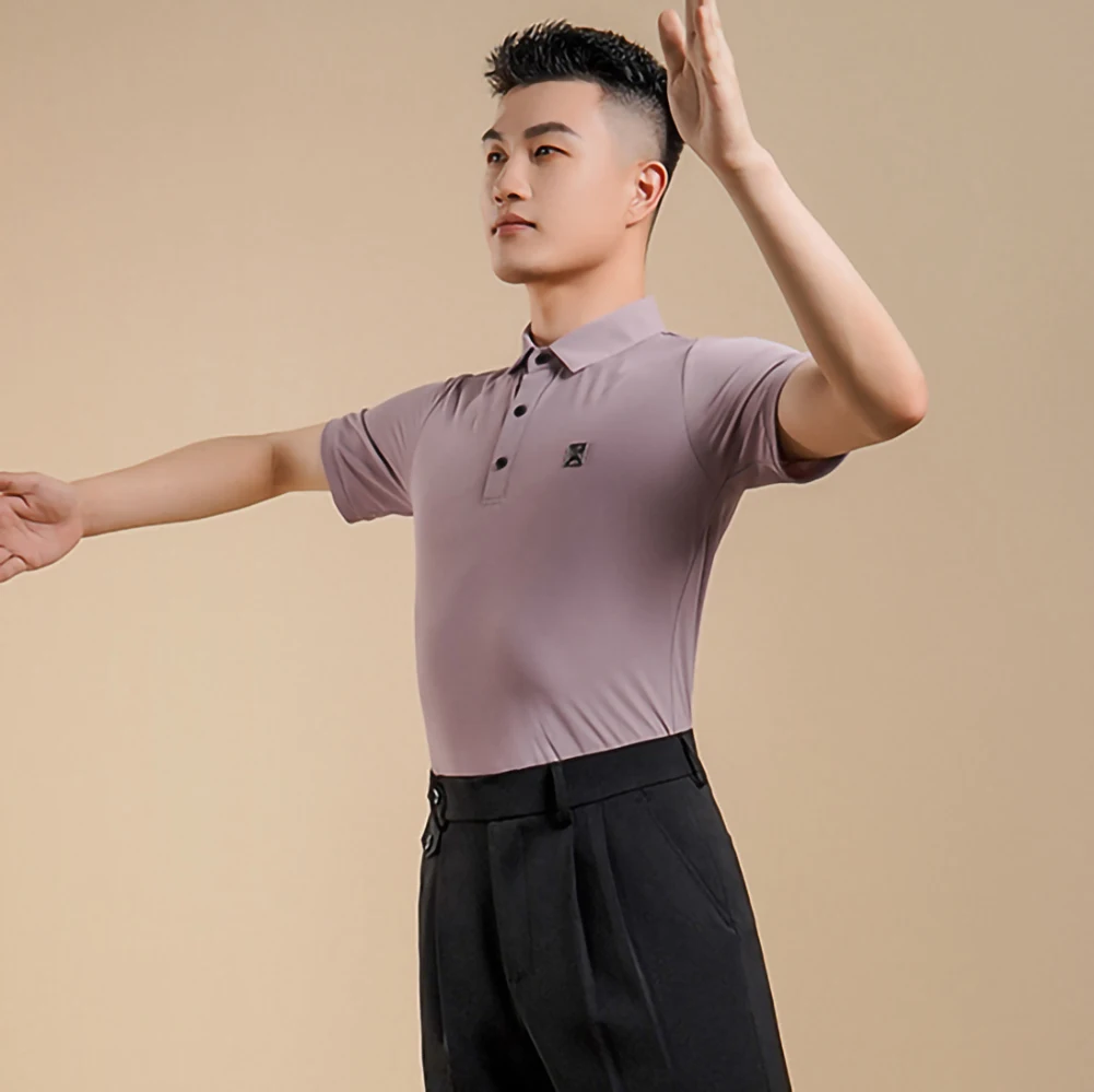 ラテンダンス ダークブルー 練習着 社交ダンス メッシュ メンズダンススーツ トップス 半袖 新品 ブラックシャツ