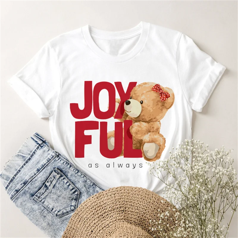 New Fun Teddy Bear Pattern Women's T-shirt Fashion Street Casual Short Sleeve O-Neck Top Simple Cute Breathable White T-shirt