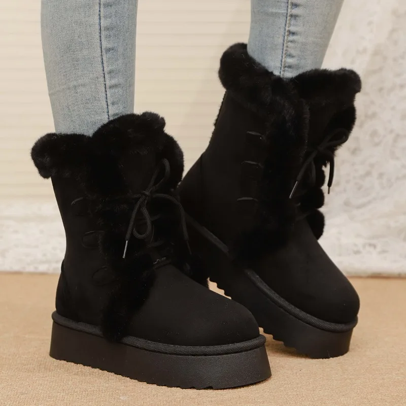 Women's Winter Snow Boots Fleece Lined Thickened Heightening Fur Integrated Northeast Cotton Shoes Warm Boots Casual Style